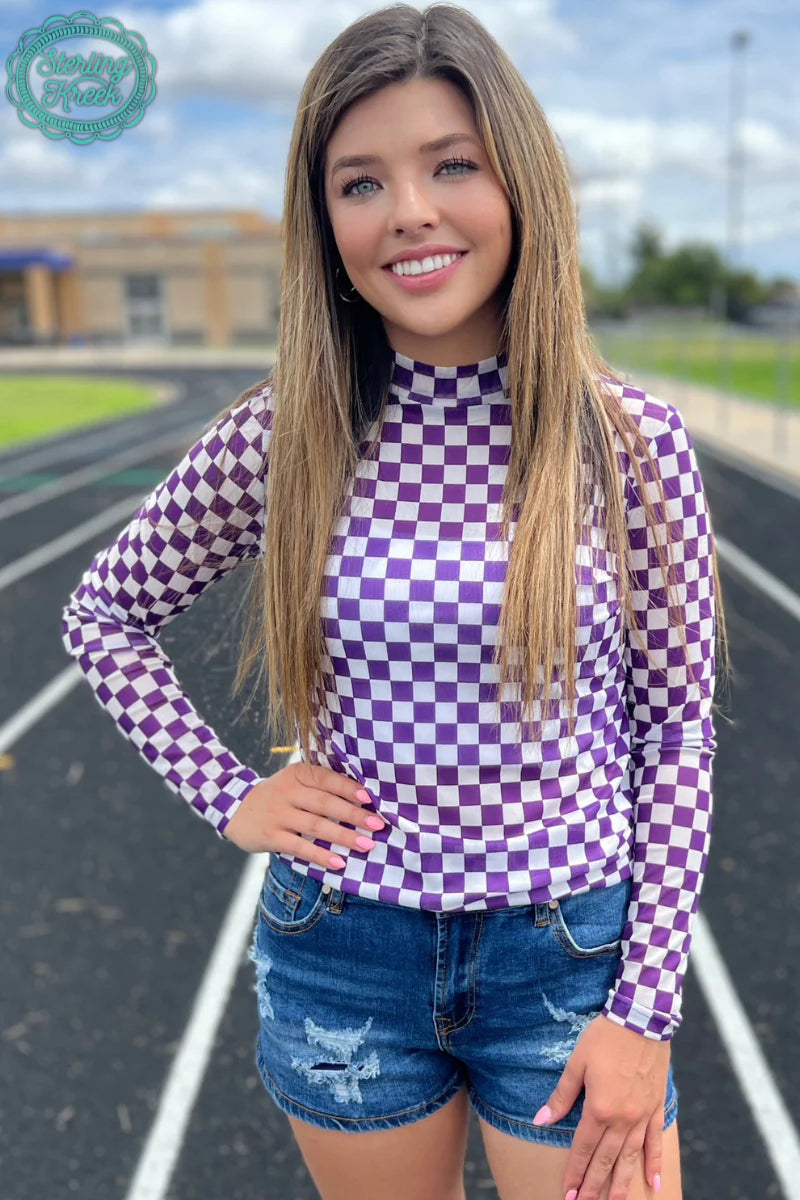 Purple and white checkered mesh top