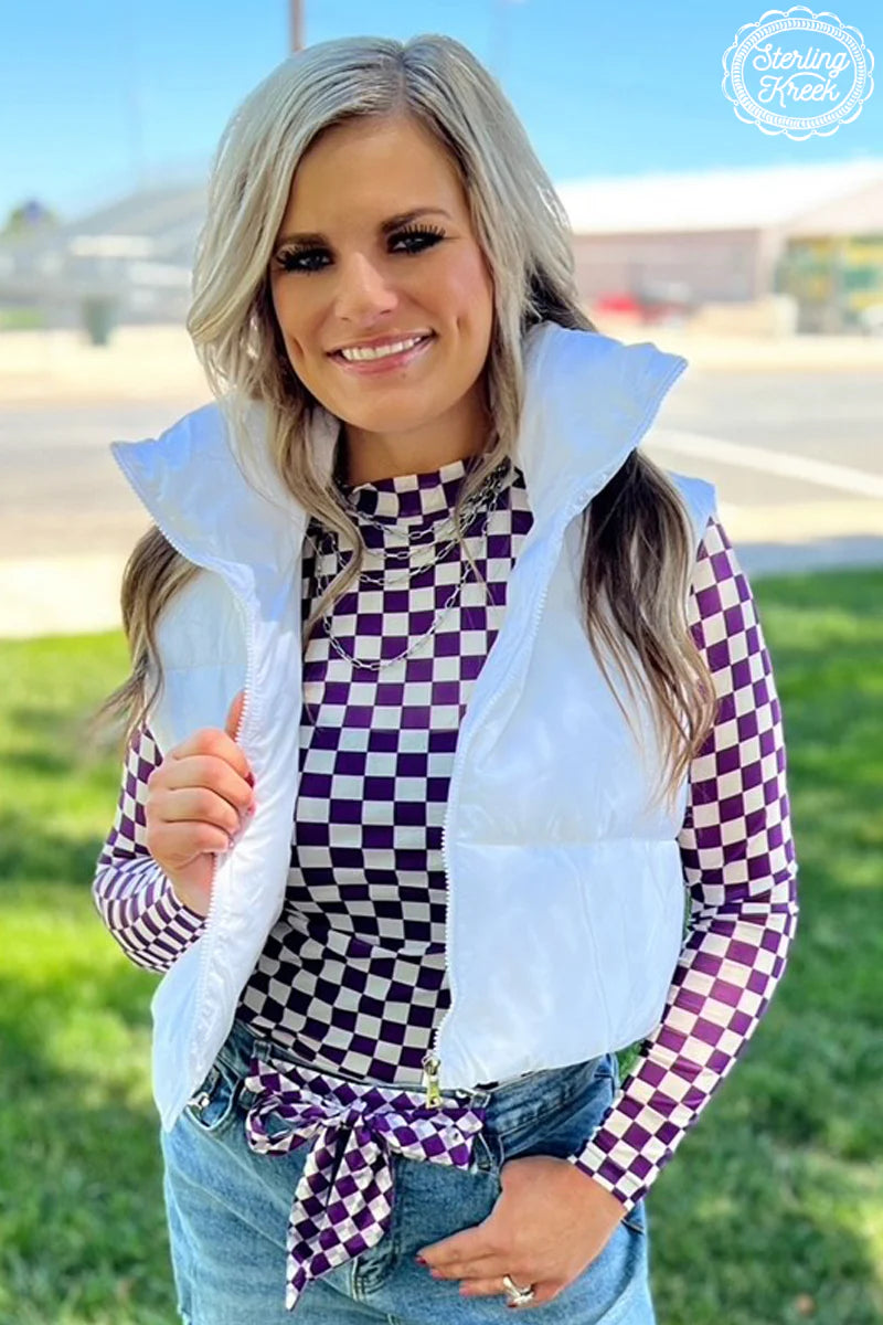 Purple and white checkered mesh top