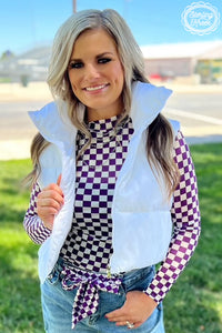 Purple and white checkered mesh top