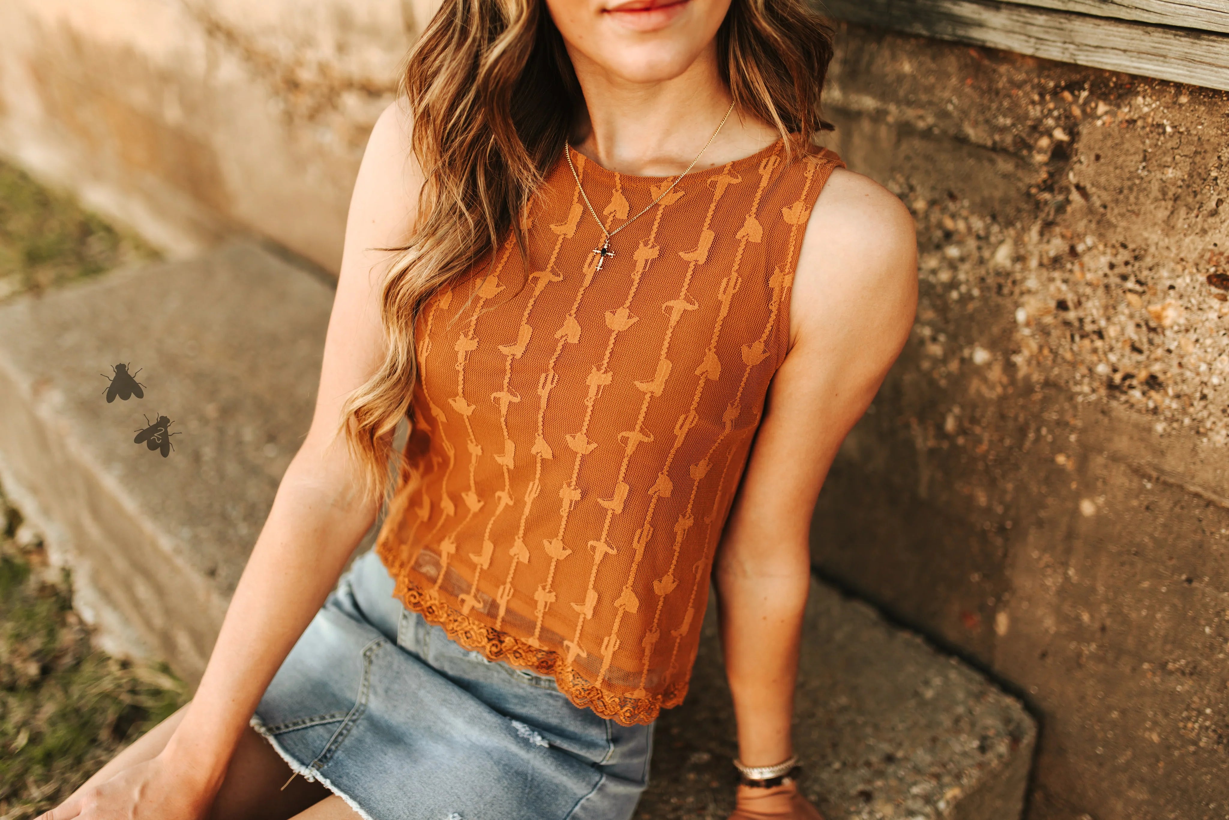 LARIAT LACE TANK *SADDLE