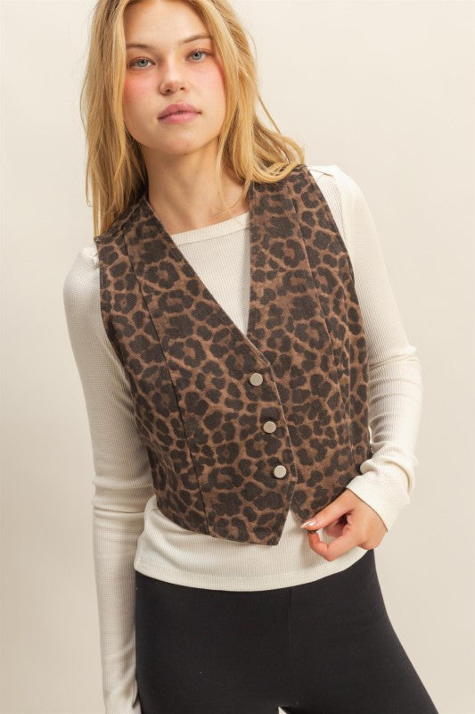 Brown Denim Leopard Vest Top