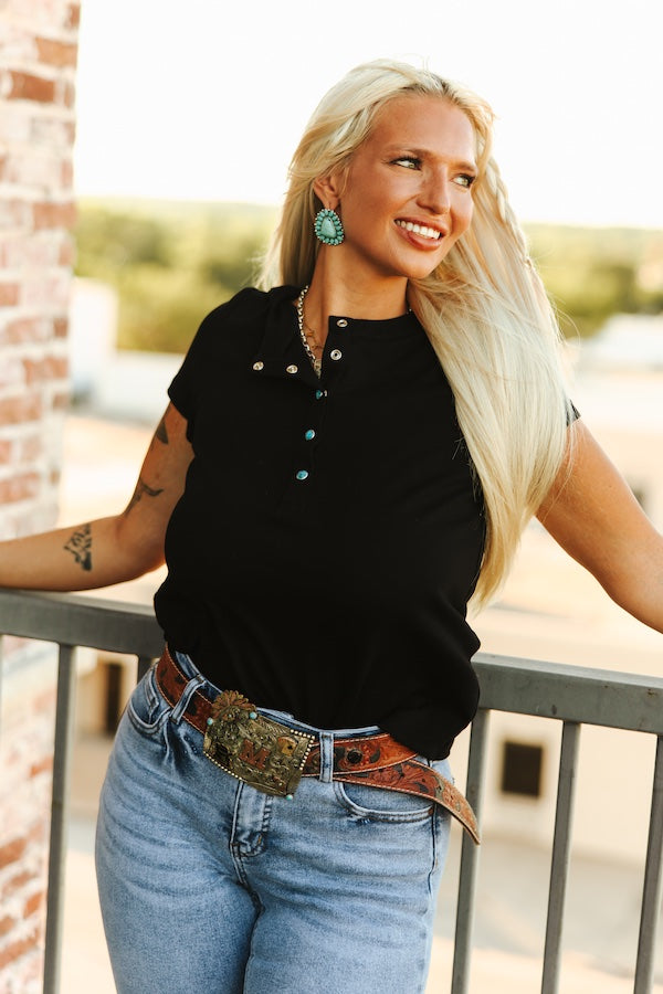 Black Turquoise Button Henley