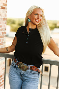 Black Turquoise Button Henley