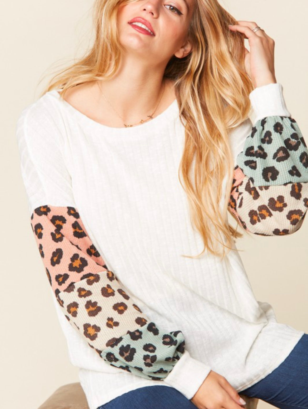Leopard Balloon Sleeve Knit Top