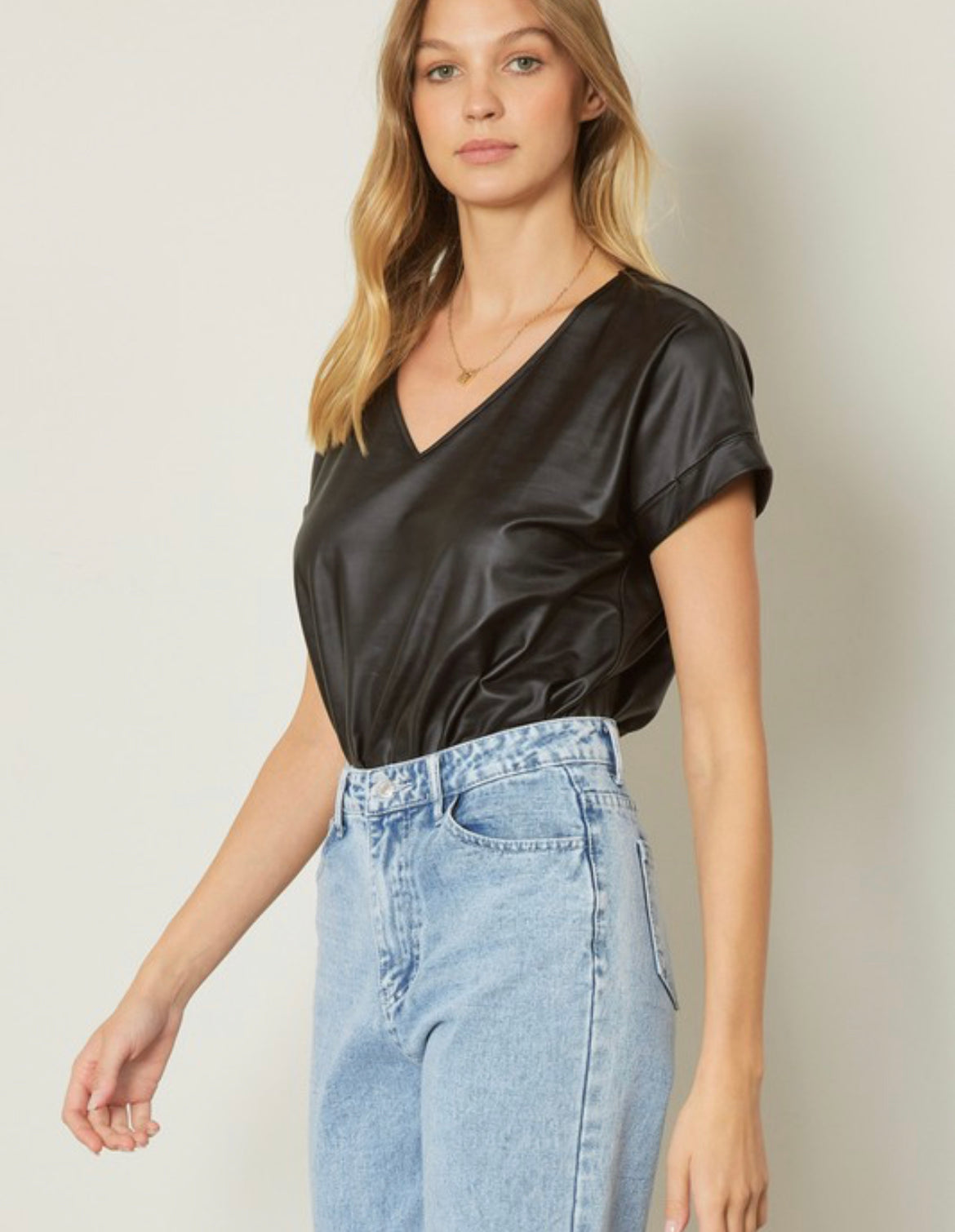 The Cheyenne Faux Leather Bodysuit in black
