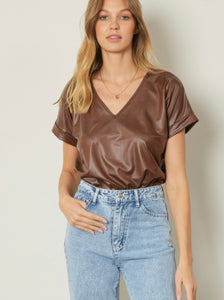 The Cheyenne Faux Leather Bodysuit in brown