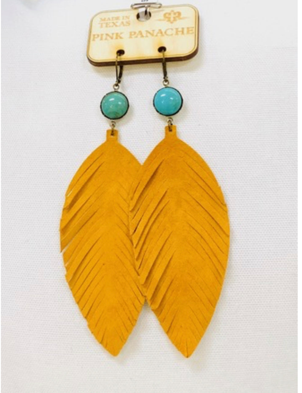 Turquoise cabochon w/mustard suede feather earrings