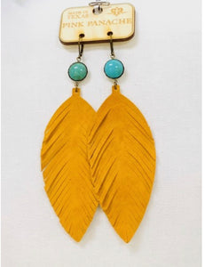 Turquoise cabochon w/mustard suede feather earrings