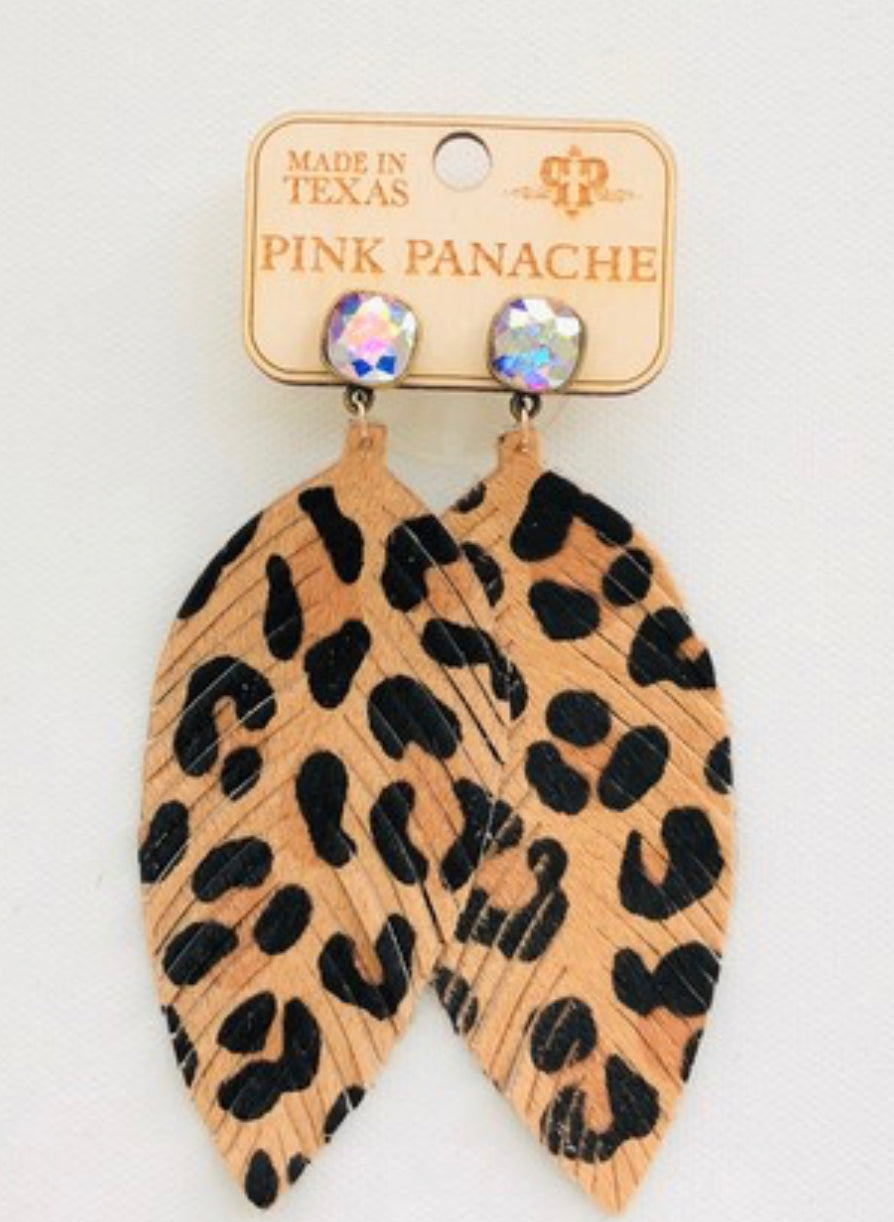 AB post feather leopard earrings
