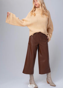 Brown leather wide leg crop pant
