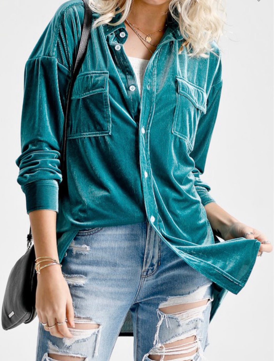Velvet Teal Button Up Top
